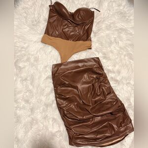 JLuxLabel Faux Leather Bustier Top + Ruched Skirt Set | Brown Matching Set